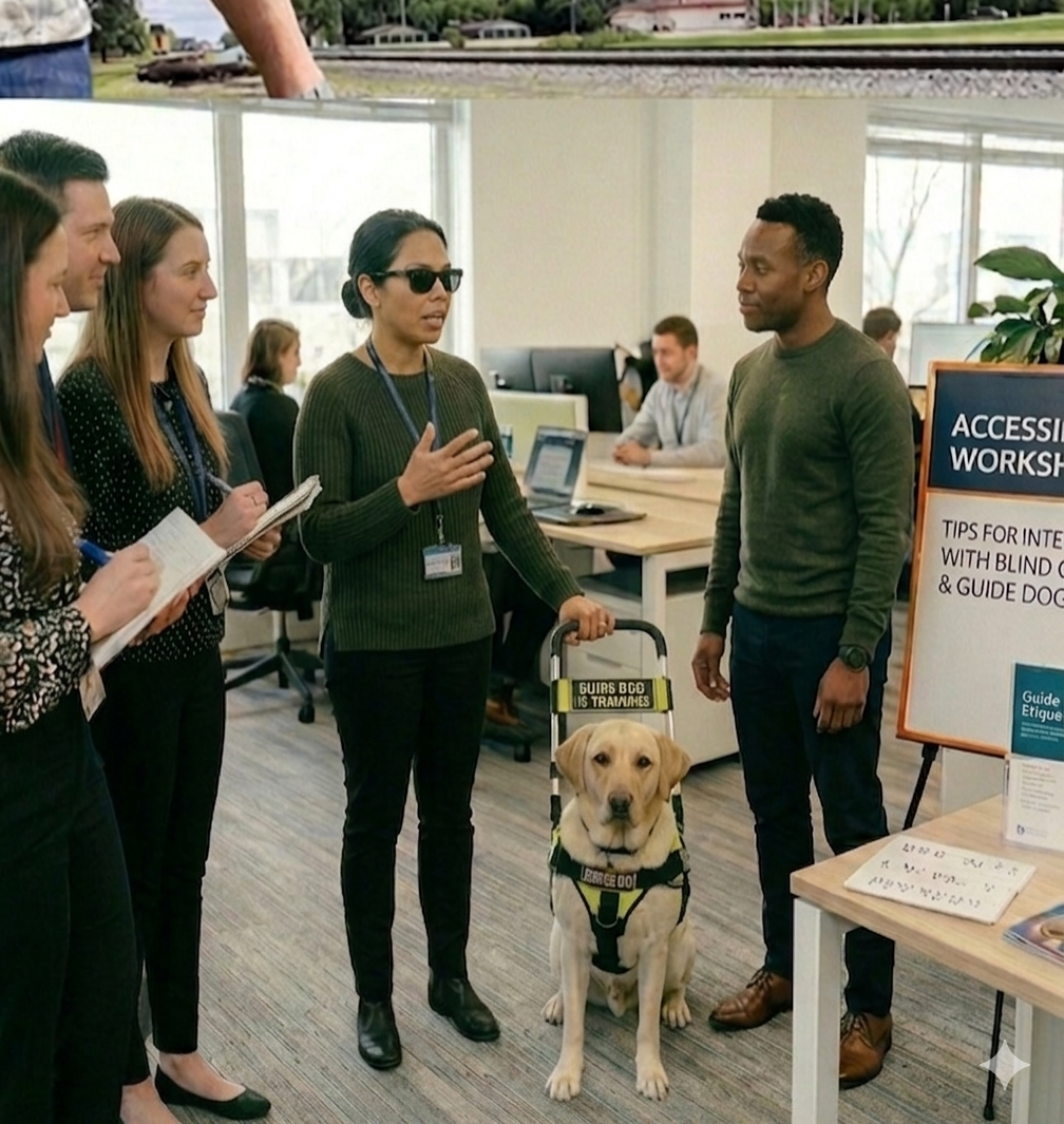 Blind woman with guide dog training office staff on accessibility and inclusion