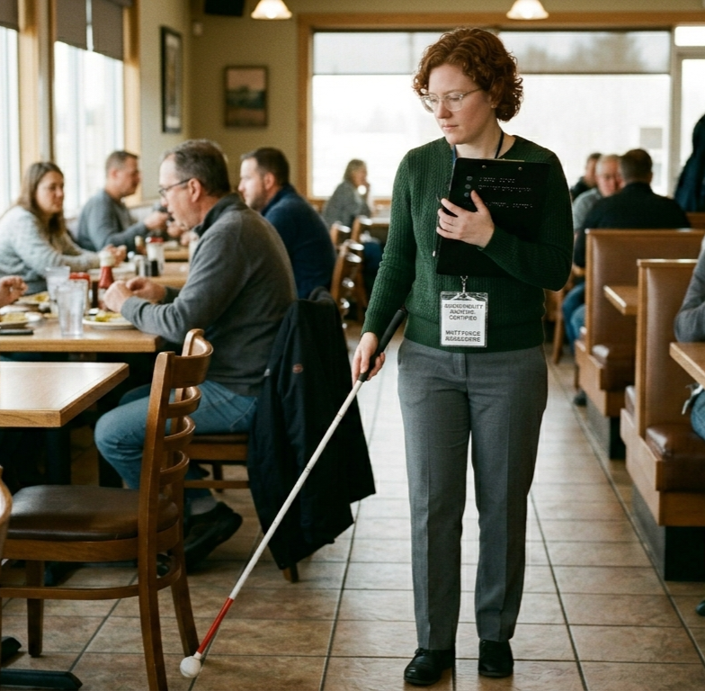 Blind woman performing an accessibility audit in a busy restaurant using her mobility cane