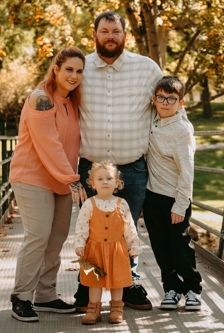 Image displays founder Kaitlynn Perry accompanied by her husband and their two children.