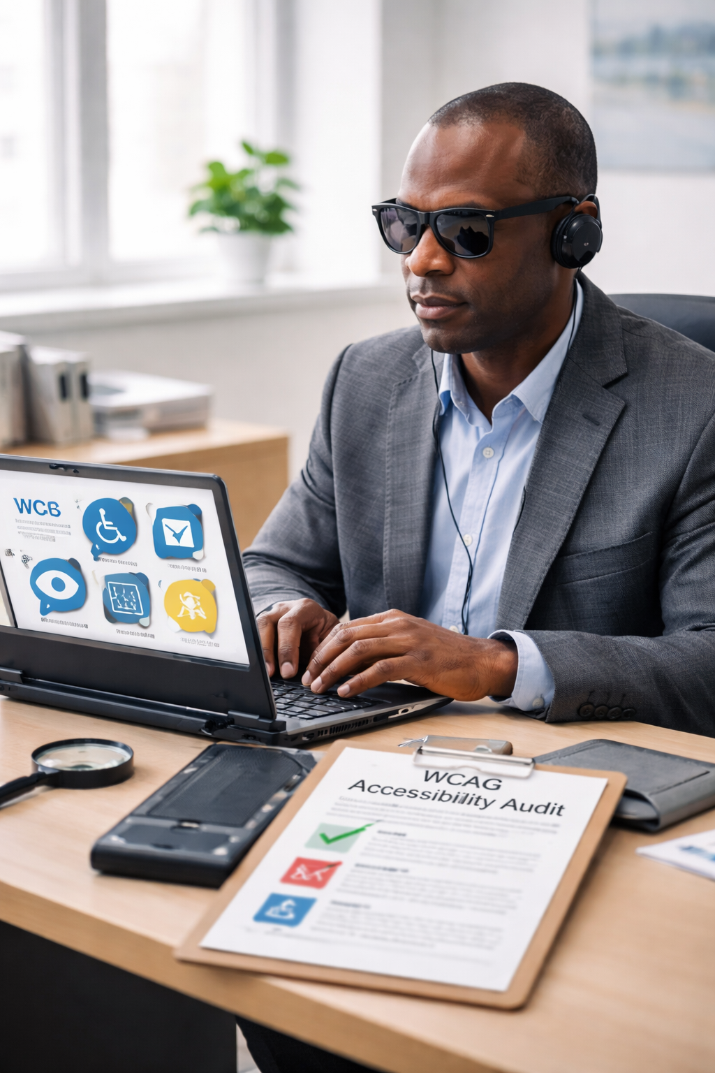 Blind man is sitting at his desk performing a website accessibility audit to ensure WCAG compliance